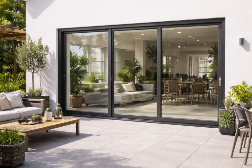 PHOTO D'UNE MAISON BLANCHE AVEC UNE BAIT VITRÉE EN ALUMINIUM